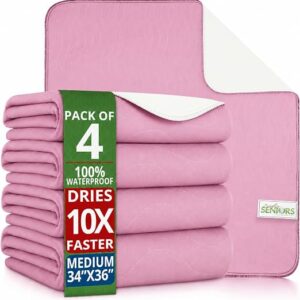 Bed Pads Washable Waterproof 34"x36"- Pack of 4 Pink Incontinence Bed Pads